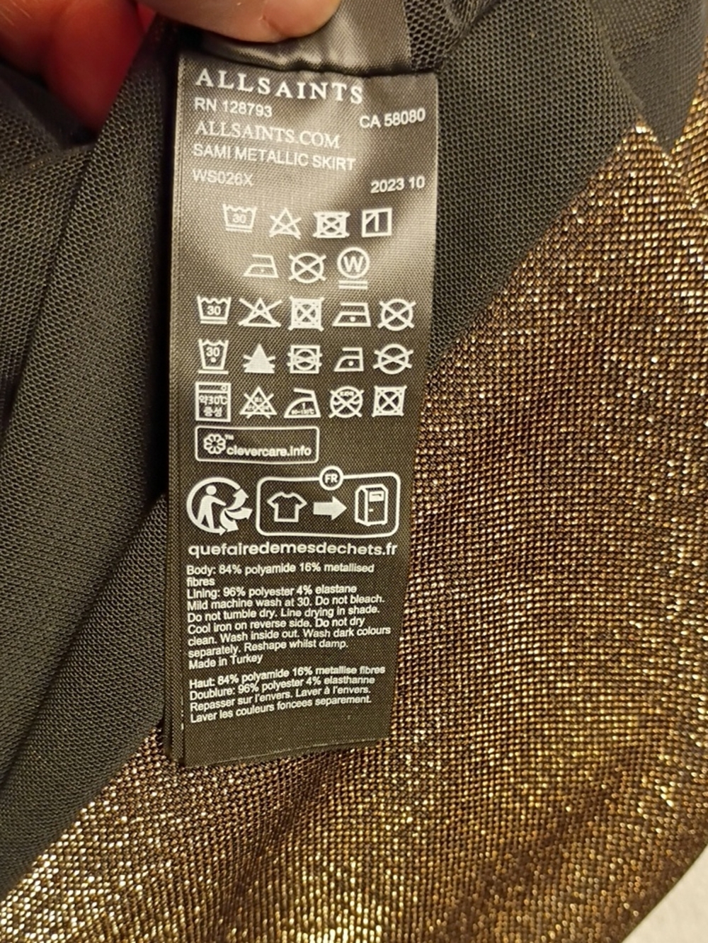 AllSaints Metallic Gold Shimmer On Black Twist-Front Maxi Skirt Over Mini Skirt - Picture 11 of 16